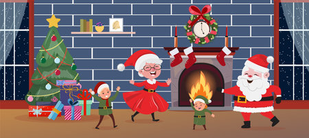 Christmas illustration with a Santa Claus, Mrs. Claus and elves dancing indoor. Festive winter illustration with adorable charactersのイラスト素材