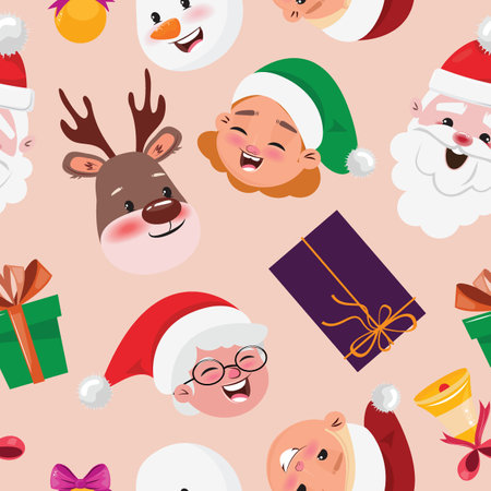 Christmas seamless pattern with  faces of Santa Claus, Mrs. Claus, reindeer, snowman, elves, gift boxes. For textile, paper, wrapping paper, wallpaper, cardsのイラスト素材