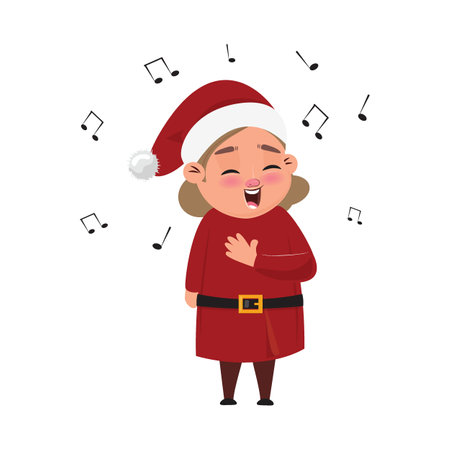 Cartoon illustration of a cute Christmas elf singing a song and music notes aroundのイラスト素材