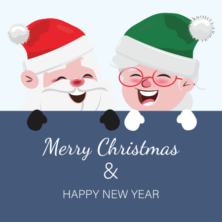 Christmas banner with Santa Claus and Mrs. Claus in flat cartoon styleのイラスト素材