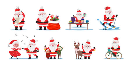 Collection of Santa Claus and his friends. Santa Claus Christmas and New Year set with Santa Claus and his friends doing some activities.のイラスト素材