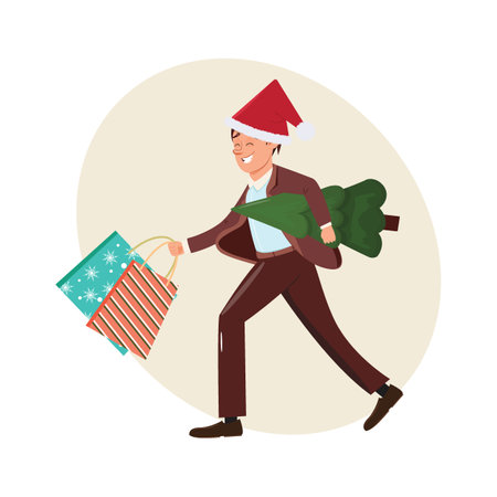 Winter Illustration of a man carrying Christmas presents and treeのイラスト素材