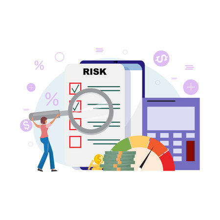 Woman exercises strategic decision-making and risk management, holding a large magnifying glass to examine details. Big calculator, risk meter, money, big display with a check listのイラスト素材