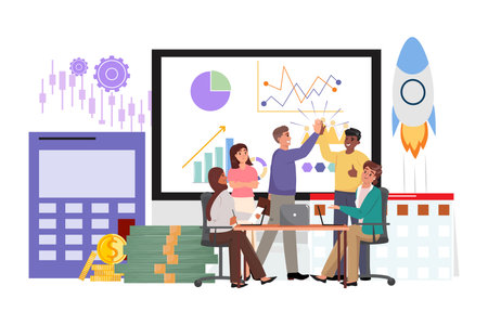 Collaboration, start up, project, success concept illustration with diverse group of colleagues uniting at the desk. Two men exchange a high five, symbolising a successful deal or startup triumph. Business signs on the backgroundのイラスト素材