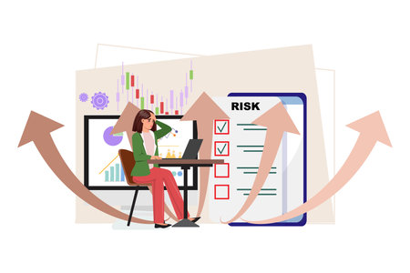 Woman at her desk, working on her laptop. Frustration, determination, decision-making process and mobile app, risk management, investment and a monitor displaying data and analysis on the backgroundのイラスト素材
