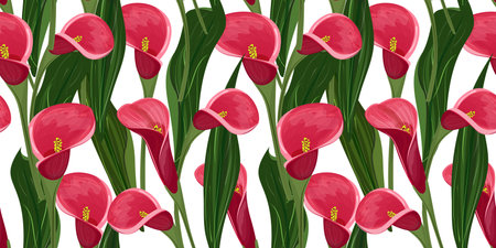 Floral seamless pattern with red calla flowers with leaves. For textile, paper, cards, prints, apparel, wallpaperのイラスト素材