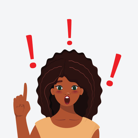 Black woman raising her index finger, surrounded by red exclamation marks. Visual expression of strength, confidence, surprised, insight and positivityのイラスト素材