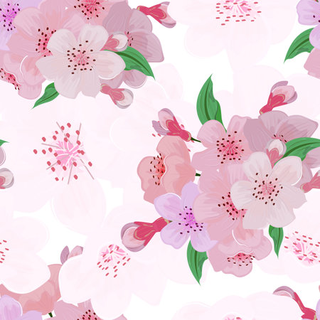 Seamless floral pattern adorned with delicate pink cherry blossoms. Perfect for adding a touch of elegance to your designs, from wallpapers to textilesのイラスト素材