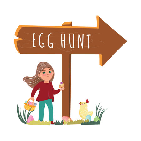 Cheerful girl, one hand holding a painted egg, the other clutching a basket brimming with colorful eggs, stands beside an Egg Hunt shield. A cute chick walking alongside herのイラスト素材