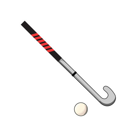 Hockey equipment. Stick with red stripes and a small ball, isolated on white backgroundのイラスト素材