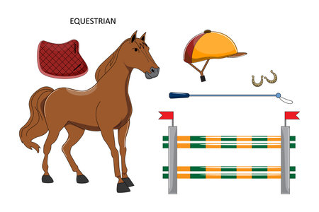 Equestrianism illustration with a horse,  tackling obstacles, helmet, whip, saddle, horse shoes. Sport, hobby conceptのイラスト素材