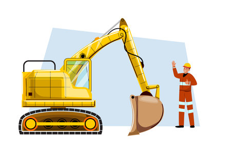 Heavy machinery, man stands confidently beside an excavator. Industrial power, construction, building conceptのイラスト素材