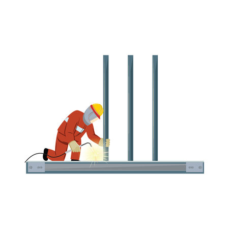 Amid sparks and glowing metal, welder clad in protective gear meticulously joins metal beams. Construction concept.のイラスト素材