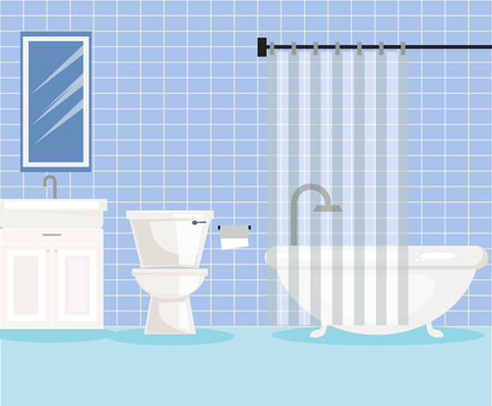 Bathroom interior design in shades of blue, including a toilet, bathtub, sink, and mirrorのイラスト素材