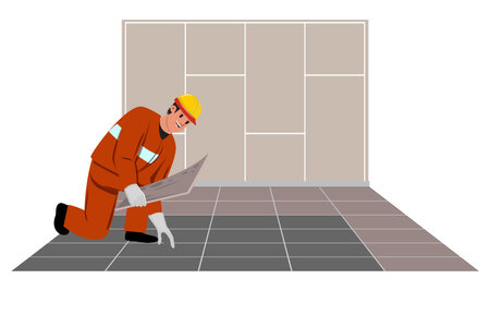 Worker wearing a protective helmet and uniform while repairing a floor with a wall in the backgroundのイラスト素材