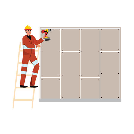 Worker in helmet and work uniform fixing wallのイラスト素材