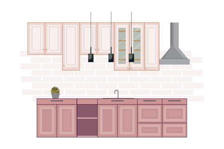 Modern kitchen design with furniture, lamps, and plant. Cozy atmosphere and stylish decor create a welcoming environment with a brick wall on the backgroundのイラスト素材