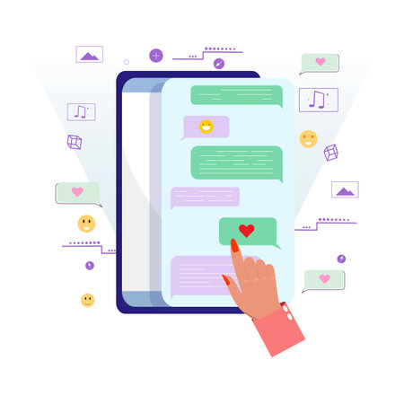 Hand interacts with a smartphone displaying a chat screen filled with colorful messagesのイラスト素材