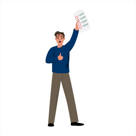 Young man rejoicing and shouting, holding up a voting document and showing a thumbs upのイラスト素材