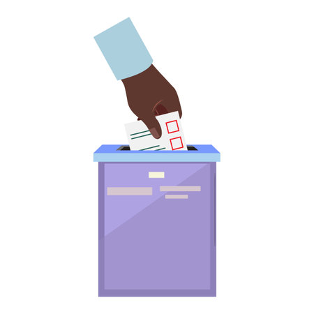 Illustration of a black hand in a blue shirt placing a voting paper in a vote box, symbolising election and democracyのイラスト素材