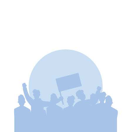 Silhouette of a crowd in blue, people holding flags and raising fists, representing activism