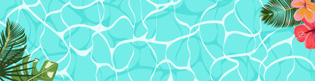 Horizontal banner with water surface, tropical flowers, and palm leaves in the foreground