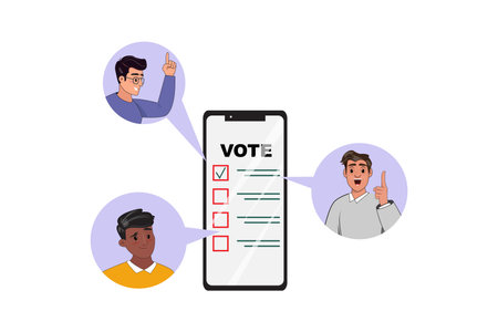 Cellphone displaying Vote with checkboxes, bubble speeches showing men, election, voting concept.のイラスト素材