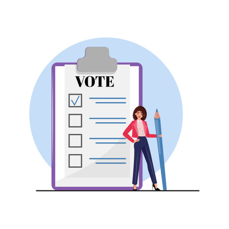 Curly haired woman holding a large pencil beside a phone with a vote app. Election themeのイラスト素材