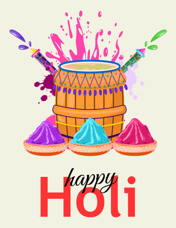 Card banner for Holi festival with colorful drums, pichkari, and powder bowls, celebrating the festival of colorsのイラスト素材