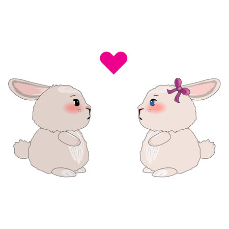 Two adorable bunnies facing each other with a pink heart between them, girl bunny wears a bowのイラスト素材