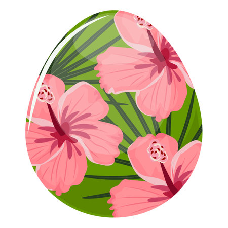 Tropical green Easter egg with hibiscus blooms, lush foliage for exotic spring flairのイラスト素材