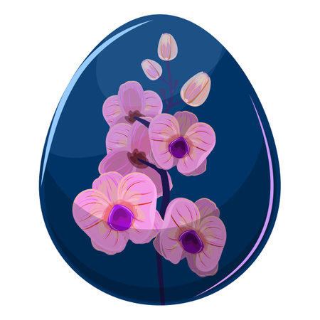 Dark blue egg with bold pink orchid, striking contrast for modern Easter designsのイラスト素材