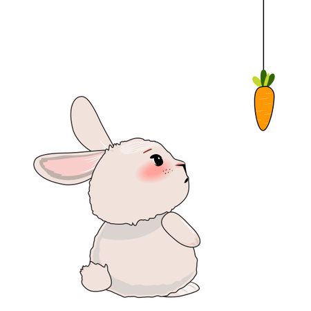 Cute bunny looking up at a hanging orange carrot on a string, outline cartoon styleのイラスト素材