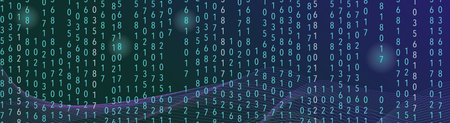 Long horizontal banner with binary code and abstract waves at the bottom for tech themed designsのイラスト素材
