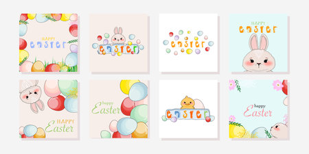 Easter card collection with bunnies, eggs, and pastel typography for spring greetings, celebrations, and social mediaのイラスト素材