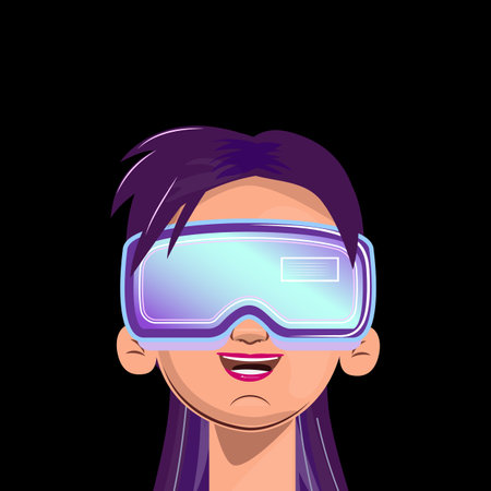 Woman with purple hair in VR glasses, surprised and joyful expression, futuristic tech conceptのイラスト素材