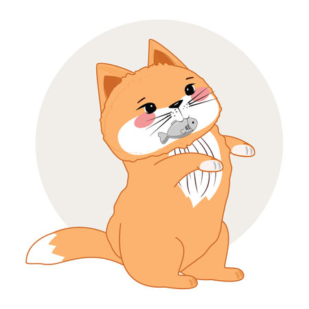 Cute orange cartoon cat standing, holding fish in mouth, pink cheeks, playful and sweet, isolated on whiteのイラスト素材