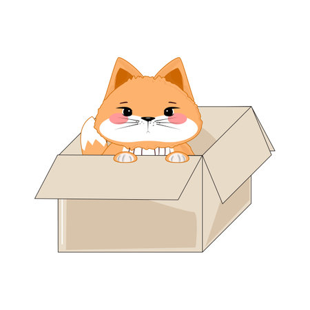 Orange cat sitting in cardboard box, playful pet behavior, cartoon style, isolated on white backgroundのイラスト素材