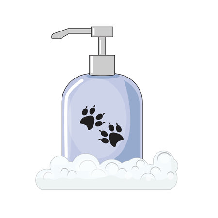 Pet shampoo bottle with paw prints and foam, blue dispenser, animal grooming, isolated on white backgroundのイラスト素材