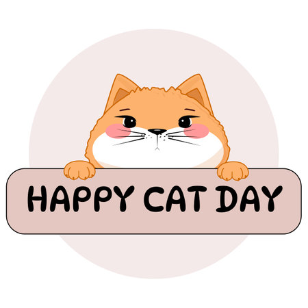 Orange cartoon cat with pink cheeks holding Happy Cat Day sign, festive animal, isolated on whiteのイラスト素材