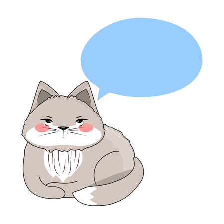 Grumpy gray cat with pink cheeks, sitting, blue speech bubble, cartoon style, isolated on white backgroundのイラスト素材