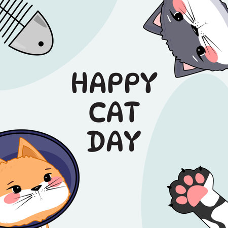 Happy Cat Day with cartoon cats, paws, fish skeleton, festive animal holiday, playful vector illustrationのイラスト素材