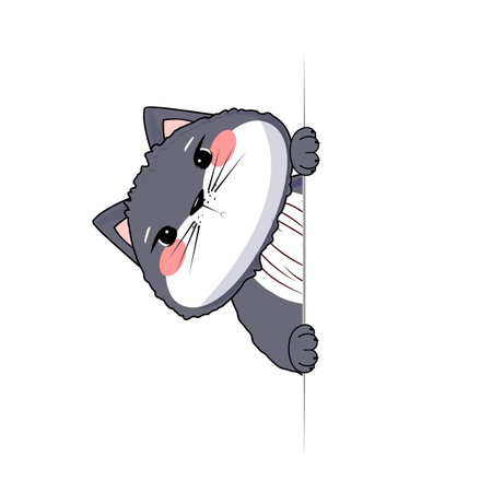 Gray cartoon cat peeking from edge, pink cheeks, playful and curious, cute animal, isolated on whiteのイラスト素材