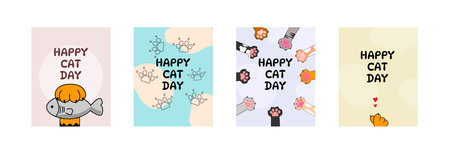 Set of Happy Cat Day cards, cartoon paws, fish, hearts, colorful backgrounds, festive pet greeting collectionのイラスト素材