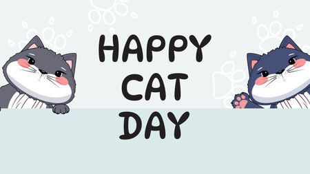 Happy Cat Day banner with two gray cartoon cats, pink cheeks, playful paws, paw print background, vector artのイラスト素材