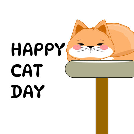 Orange cartoon cat laying on perch, Happy Cat Day text, pink cheeks, cute and relaxed, isolated on whiteのイラスト素材