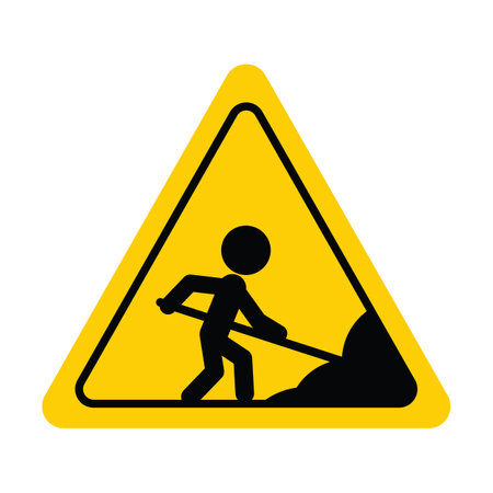 Construction warning sign, stick figure with shovel, yellow triangle, roadwork safety symbol, vector isolatedのイラスト素材