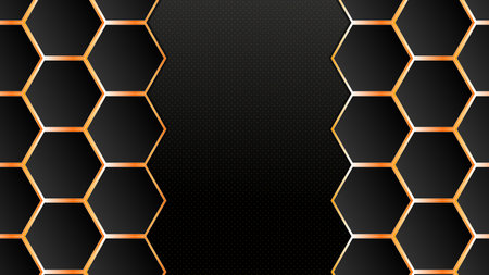Geometric hexagon pattern with gold lines, black background, modern luxury frame, vector illustrationのイラスト素材