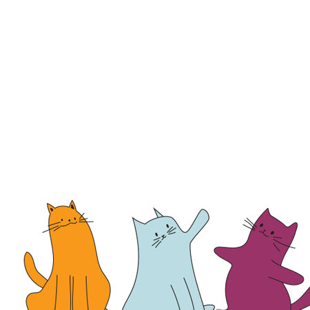 Row of cute cats waving and sitting, modern animal frame, vector illustration for banners and decorのイラスト素材