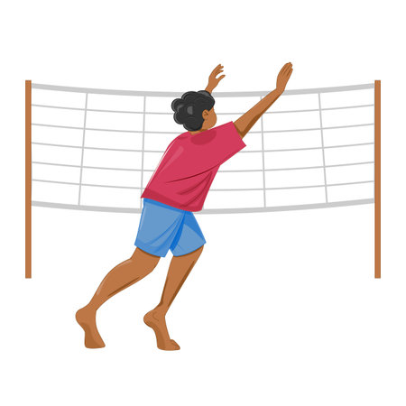 Man playing volleyball at the net, jumping to spike the ball, active sport concept, vector illustrationのイラスト素材